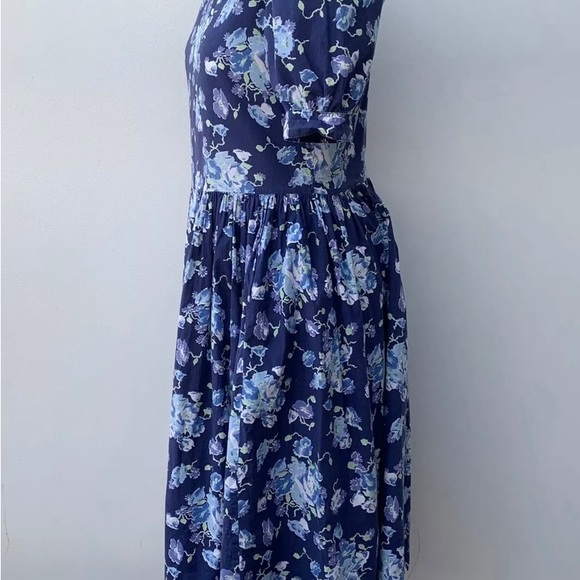 Vintage Laura Ashley UK 14 Cotton Tea Dress Blue Floral Puff Sleeve Square Neck - Picture 5 of 12